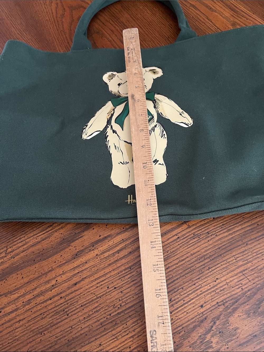 Harrods Green Canvas Tote with Teddy Bear Print - Picture 11 of 13